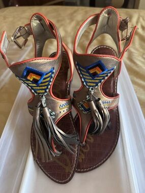 Sam Edelman Bronze Embroidered Tassel Sandals, Size 7.5